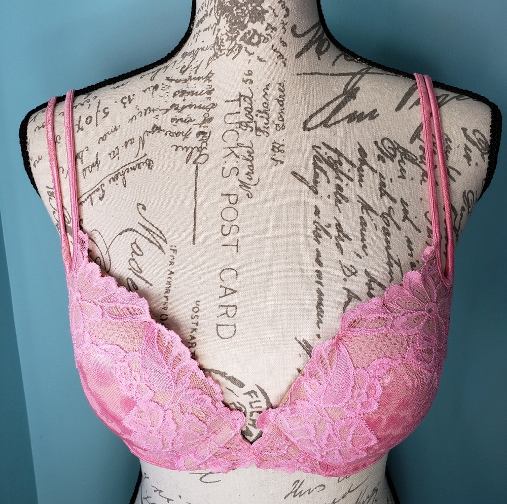Victoria's Secret 36B Pink Floral Lace Overlay Leopard Push-up Bra Y2K